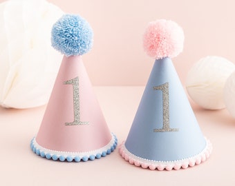 Baby's First Birthday Pastel Party Hat With Colourful Pom Pom And Trim 1st Birthday Personalised First Birthday Cake Smash