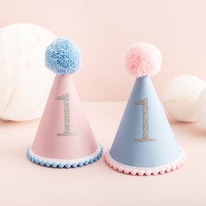 Baby's First Birthday Pastel Party Hat With Colourful Pom Pom And Trim 1st Birthday Personalised First Birthday Cake Smash