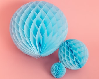 Decorações de favo de mel azul claro-azul decorações de festa de aniversário bolas de favo de mel de papel gênero revelar menino chá de bebê decorações penduradas
