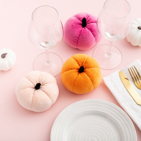 Velvet Pumpkin Decorations - 3 Pack - Autumnal Fake Pumpkins Orange Pastel Pink Halloween Decorations Living Room Home Accessories