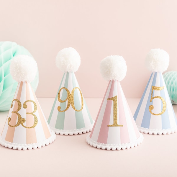 Jedes Alter Pastell Party Hut - Bunter Pom Pom und Trim 1. Geburtstag Personalisiert Erster Geburtstag Kuchen Smash gestreiften Hut