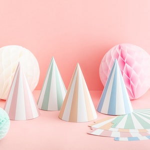 Pastel Striped Party Hats - 4 Pack - Flatpack Birthday Party Pastel Theme Party Accessories Kids Party Family Stripy Party Hats