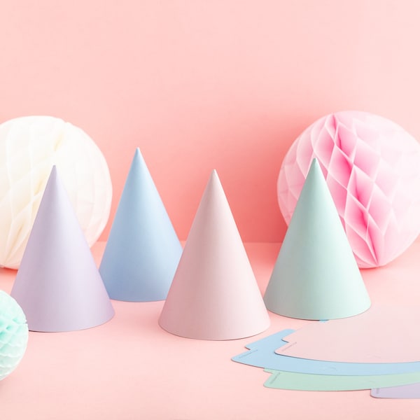 Pastel Party Hats - 4 Pack - Flat Pack Birthday Party Pastel Theme Party Accessories Kids Party Family Pastel Purple Pale Blue Pastel Pink