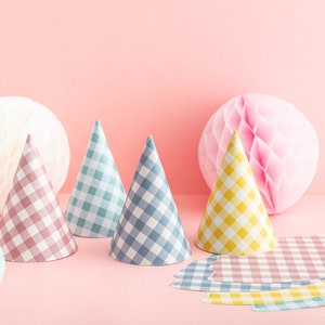 Pastel Gingham Party Hats - 4 Pack - Birthday Party Pastel Theme Party Accessories Kids Party Family Checked Party Hats