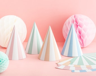 Pastel Striped Party Hats - 4 Pack - Flatpack Birthday Party Pastel Theme Party Accessories Kids Party Family Stripy Party Hats