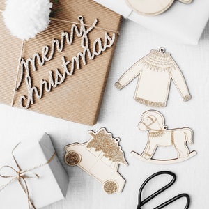 Wooden & Glitter Christmas Decorations Or Tags - 10 Pack- Christmas Gift Tags Festive Tags Rustic Christmas Gift Wrap Christmas Bauble Tags