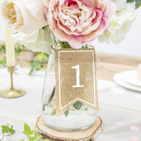 Wedding Table Numbers - 1 - 20 - Jute Table Numbers Flags Rustic Wedding Ideas Simple Wedding Decorations Wedding Flowers Table Decorations