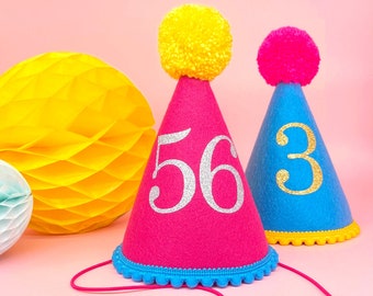Felt Any Age Birthday Party Hat With Colourful Pom Pom And Trim - Bright Birthday Hat Custom Party Hat For Birthday Gift Ideas