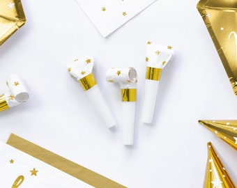 Gold White Party Blowers - 6 Pack - Gold Theme Party Accessories Birthday Party Bag Favours Wedding Favors Gold Party Decorations