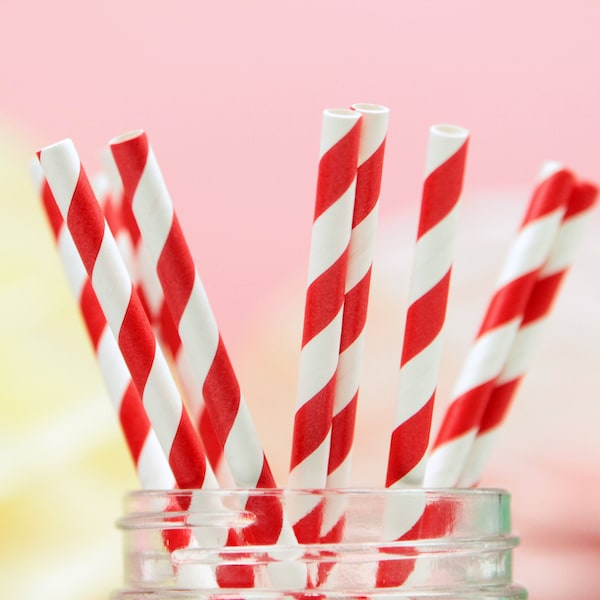 Red Stripe Paper Straws - 10 Pack - Birthday Party Decorations Cocktail Straws Wedding Straws Foil Drinking Straws Outdoor Party