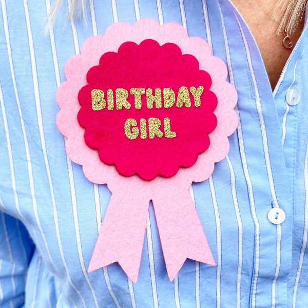 Large Felt Birthday Badge - Custom Birthday Girl Reusable Badge Letterbox Birthday Gifts Birthday Pin Badge Bright Colourful Rosette Badge