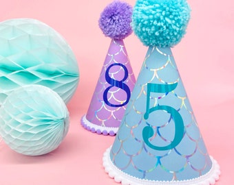 Personalised Mermaid Party Hat - Colourful Underwater Theme Birthday Decoration Pom Pom And Trim Personalised Party Hat Birthday Cake Smash