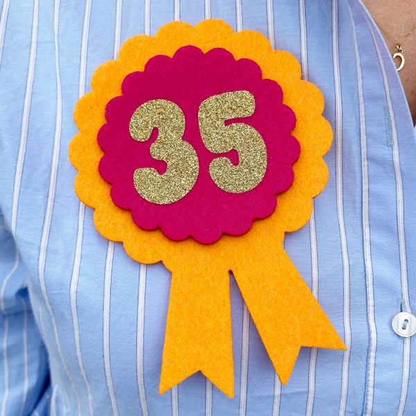 Large Any Age Felt Birthday Badge - Personalised Letterbox Birthday Gifts Birthday Pin Badge Bright Colourful Rosette Badge