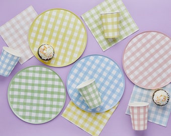 Pastel Gingham Tableware Bundle - For 8 People - Checked Birthday Napkins PLate Cups Disposable Tableware Colourful Summer Picnic Party