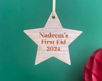 Decoración personalizada de madera para el primer Eid - Decoraciones para fiestas de celebración de regalos de Eid Nombre Ramadán Eid Mubarak Star Baby's 1st Eid 2024