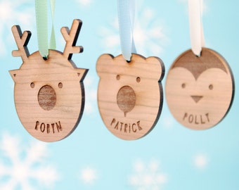 Personalised Animal Tree Decorations - Personalized Wooden Christmas Baubles Childrens Gift Ideas Reindeer Bear Penguin Festive Decorations