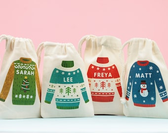 Christmas Jumper Gift Bags - Personalised Christmas Gift Retro Christmas Gifts Children Treat Bag Personalised Bag Festive Gift
