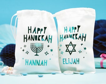 Personalised Hanukkah Foil Gift Bag - Blue Gift Bag With Name Cotton Gift Bag Chanukah The Star Of David Or Menorah Design