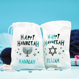 Personalised Hanukkah Foil Gift Bag - Blue Gift Bag With Name Cotton Gift Bag Chanukah The Star Of David Or Menorah Design