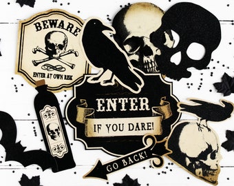 Halloween Photo Props -9 Per Pack- Black Glitter Halloween Graveyard Photo Prop Halloween Party Decorations Spooky Halloween Sign Game