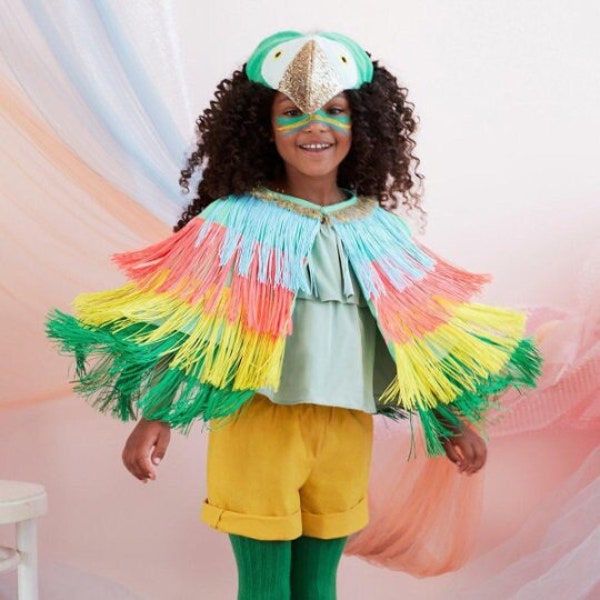 Children’s Parrot Costume - Fringed Cape Headwear Fancy Dress Accessories Partywear Kids Dress Up