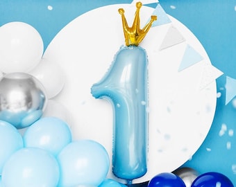 Blue Number One Crown Balloon - 90cm - Blue Number One Balloon First Birthday Decorations 1st Birthday Party Balloons Foil Balloon