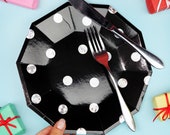 Black Spotty Paper Plates - 8 Pack - Holographic Spotty Silver Party Plates Hen Party Disposable Tableware Black Tie Theme Birthday Party
