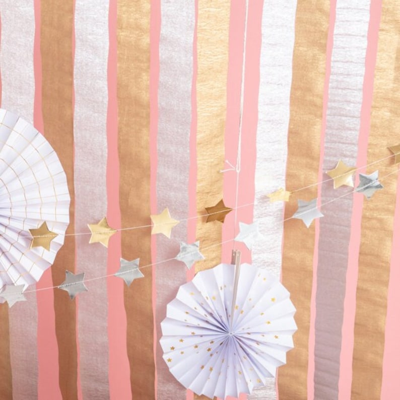 Pu&ograve; includere: Uno sfondo a strisce rosa, oro e argento con un ventaglio di carta bianco con stelle dorate e una ghirlanda di stelle argentate e dorate.