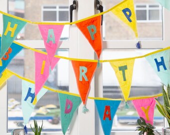 Colourful Happy Birthday Fabric Bunting - 3 Metres / 100% Cotton - Colourful Birthday Party Decorations Garland Childrens Rainbow Themed