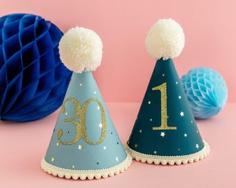 Any Age Party Hat - Gold Stars Colourful Pom Pom And Trim 1st Birthday Personalised Personalized First Birthday Cake Smash Metallic Foil Hat