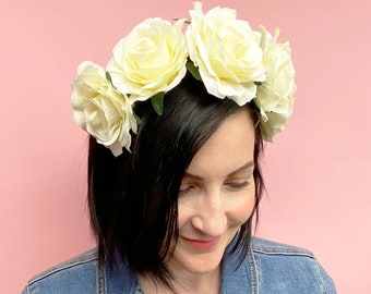 Ivory Flower Crown - Oversized Floral Headpiece Floral Hen Party Flower Headband Festival Flower Crown Hair Accessories Summer Party