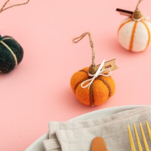 May include: Orange felt pumpkin with a brown felt stem and a white ribbon. A wooden tag with the name "Jack" is attached to the pumpkin.