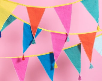 Colourful Fabric Bunting - 3 Metres / 100% Cotton - Colourful Birthday Party Decorations Garland Childrens Rainbow Themed