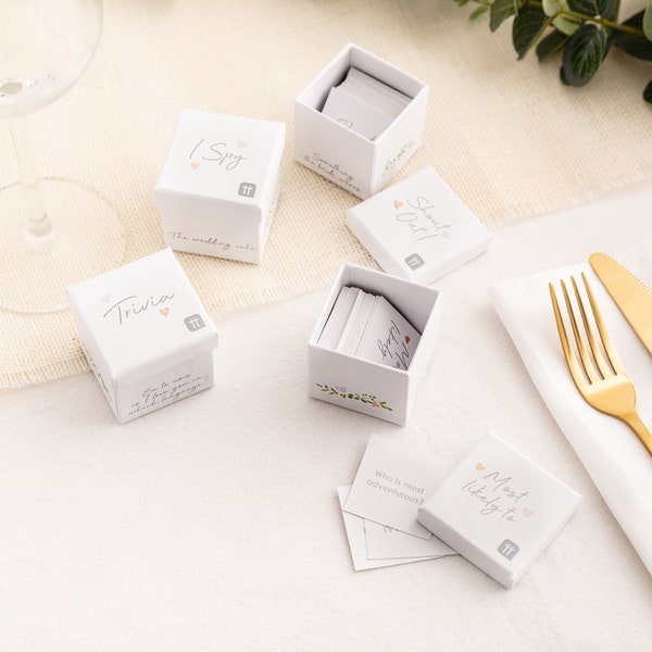 Wedding Table Trivia Set - 4 Pack - Wedding Games Table Conversation Starters Wedding I Spy White Theme Table Games Silver Wedding Favours