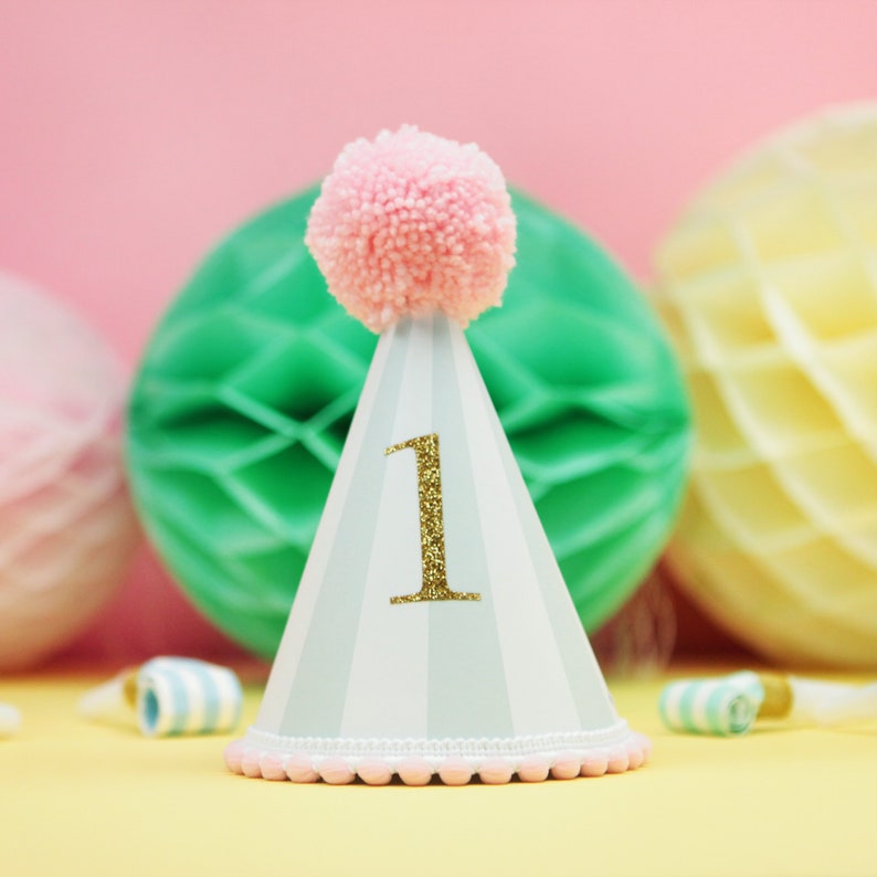 Any Age Striped Pastel Party Hat With Colourful Woollen Pom Etsy
