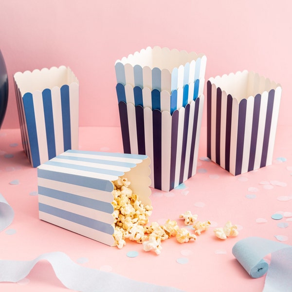 Blue Stripy Popcorn Snack Boxes - Disposable Party Treat Boxes Snack Pots Popcorn Boxes Blue Party Tableware