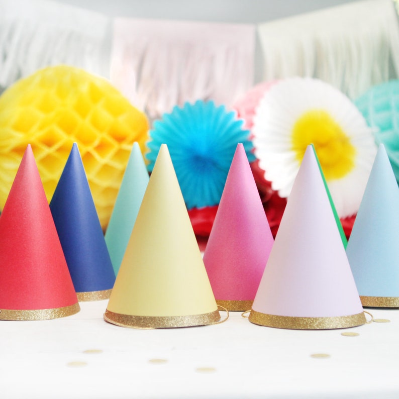 8 Pack Gold Glitter Birthday Party Hats Multicoloured Accessories Rainbow Theme Party Decorations Colourful /& Gold Party Hats