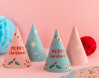 Merry Christmas Party Hats - Pink Blue Colourful Decorations Festive Family Party Celebrations Pastel Theme