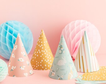 Spring Summer Theme Party Hats - 4 Pack - Flatpack Birthday Party Pastel Theme Party Accessories Kids Party Family Stripy Party Hats