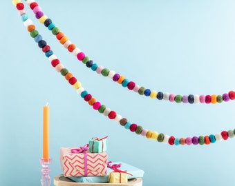 Colourful Felt Bubble Garland - 260cm - Multicoloured Room Decorations Sustainable Christmas Tree Tinsel Birthday Party Garlands