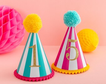 Any Age Bright Party Hat - Colourful Pom Pom And Trim 1st Birthday Personalised Personalized First Birthday Cake Smash Stripy Hat