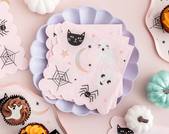 Halloween Pastel Party Napkins- 16 Pack - Childrens Halloween Party Tableware Disposable Serviettes Pink Theme Spooky Kids Decorations