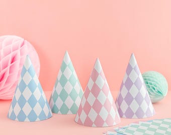 Pastel Harlequin Party Hats - 4 Pack - Flatpack Birthday Party Pastel Clown Theme Party Accessories Kids Party Family Stripy Party Hats