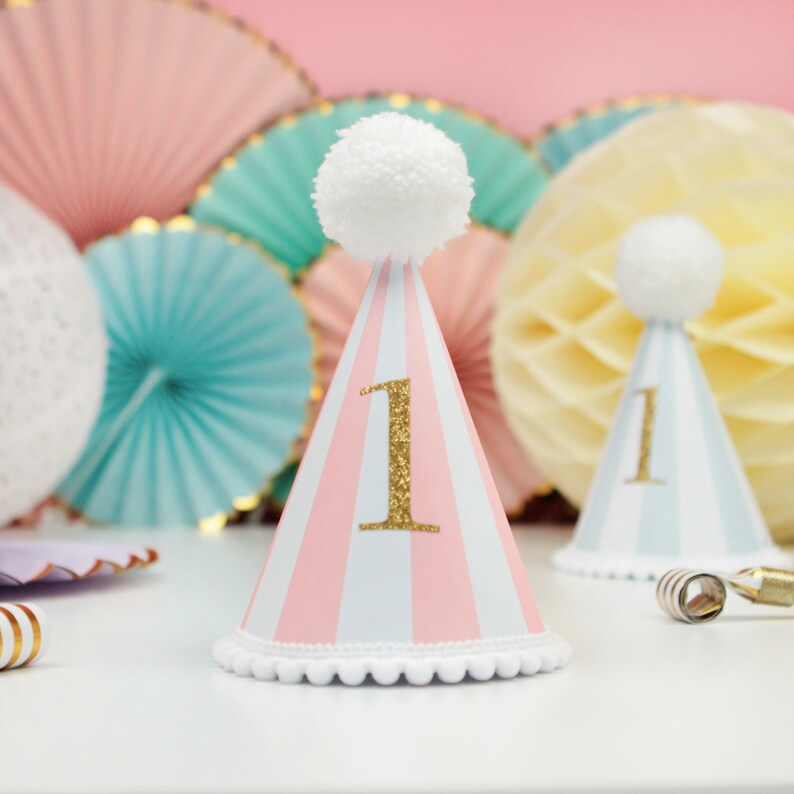 Any Age Striped Pastel Party Hat With Colourful Woollen Pom Etsy