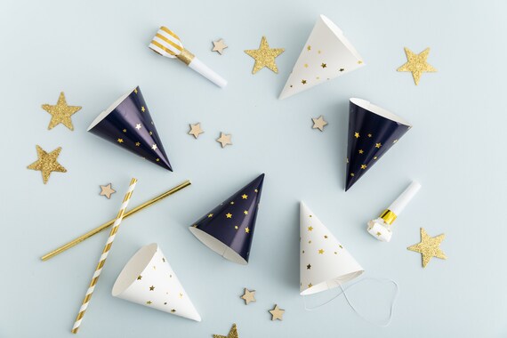 Mini Navy and Gold Star Party Hats Gold 