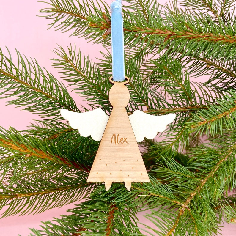Personalised Wooden Angel Tree Decoration - Pink Blue White Ribbon ...