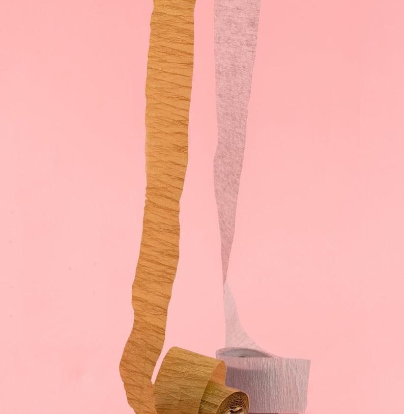 Pu&ograve; includere: Due rotoli di serpentina di carta crespa, uno marrone e uno lilla chiaro, sono srotolati e appesi su uno sfondo rosa.