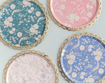 Floral And Gold Foil Paper Plates - 8 Pack - Birthday Afternoon Tea Baby Shower Hen Party Plates Pastel Pink Blue Lace Effect