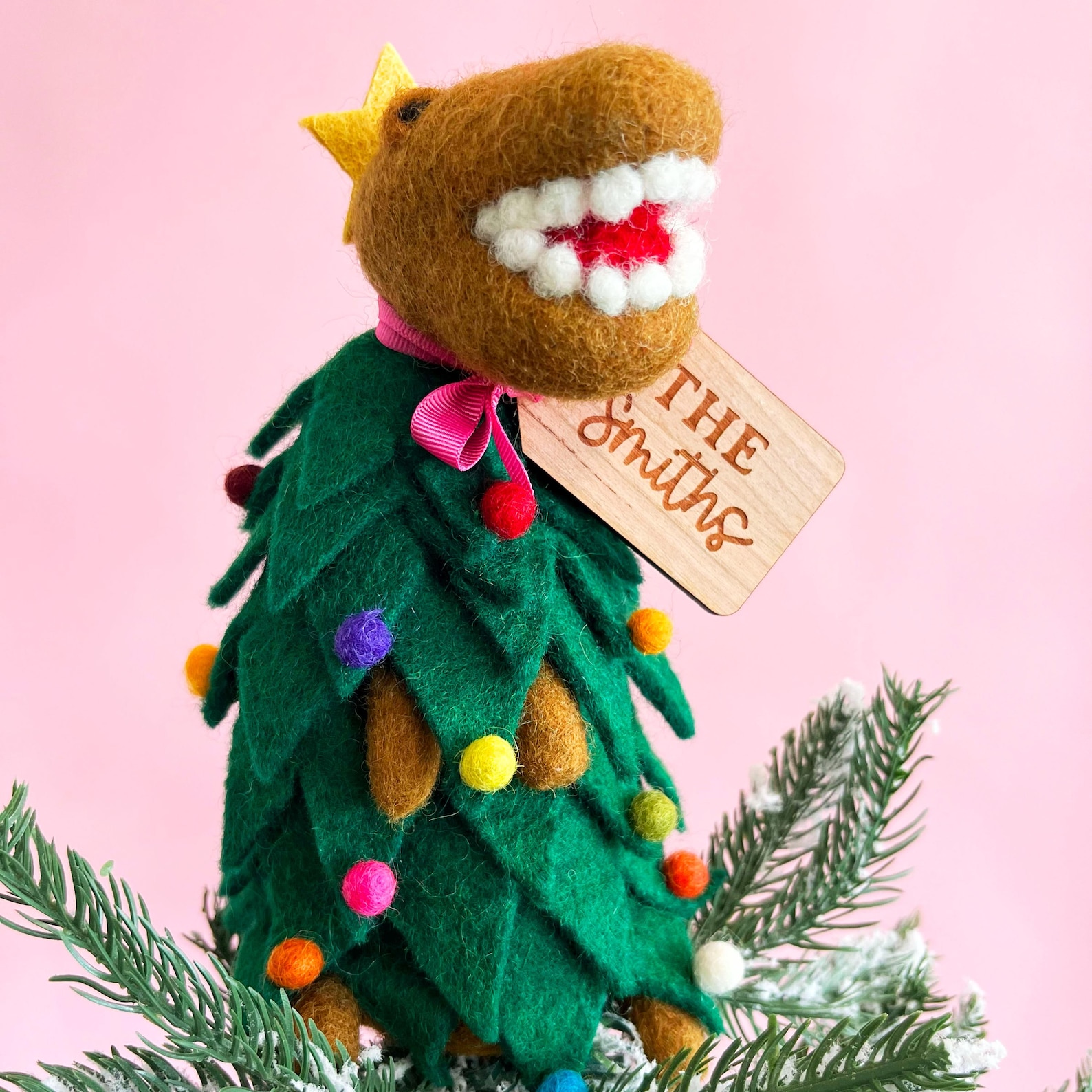 Personalised Dinosaur Tree Topper Festive Felt T Rex Christmas