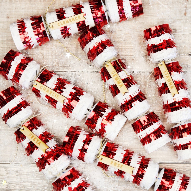 6 Personalised Christmas Crackers Red And White Fringed Etsy
